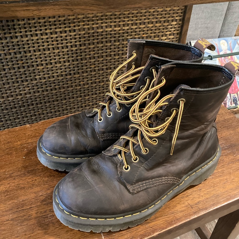 Dr. Martens Dark Brown Leather Boots with Yellow Laces